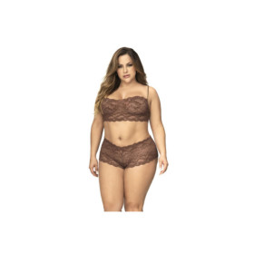 Ensemble 2 pièces en dentelle grande taille, top à bretelles et shorty couleur cacao 